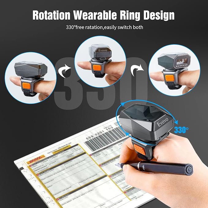 Eyoyo 2D Bluetooth Ring Barcode Scanner,Wearable Wrist Finger Wireless Scanner, Left/Right-Hand Operation,1D QR PDF417 Data Matrix Reader Compatible with iPhone, Android, Windows,Mac OS