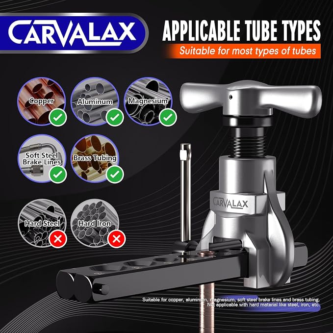 CARVALAX 45° Eccentric Flaring Tool Kit for Copper, Brass, and Aluminum Tubing, Single Flaring Bar with 7 Dies (5mm to 19 mm), for HVAC, Refrigeration,and Brake Lines, Heavy Duty with Case (Metric)