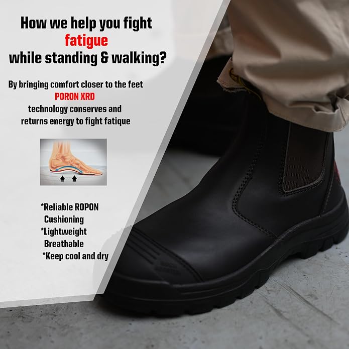 ROCKROOSTER Bakken - 6 inch Steel Toe Anti-fatigue Leather Slip On Safety Work Boots for Men AK229 (EH Rated Rubber Outsole, Dark Brown)