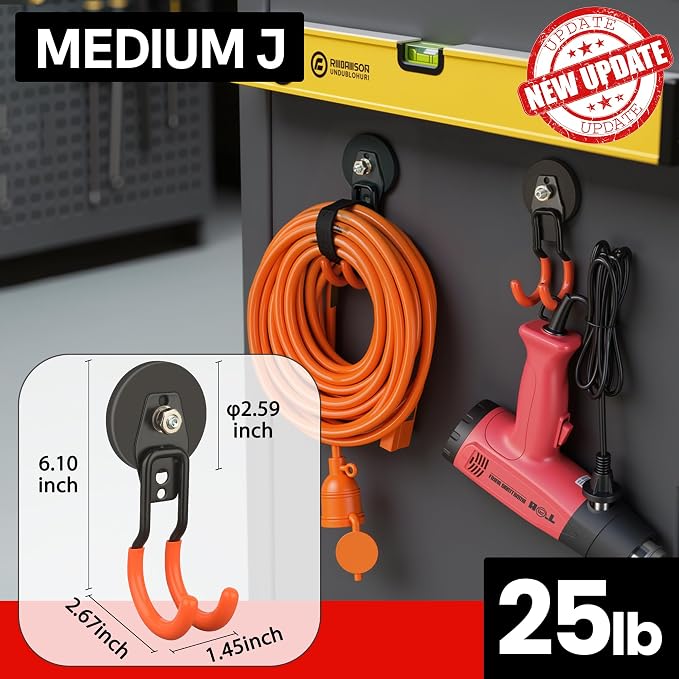 ULIBERMAGNET Heavy Duty Magnetic Garage Hooks,8 Pack Strong Large Magnet Hooks for Power Drill,Garden Tools,Hose,Pegboard,Garage, Workshop,Magnetic Storage Hooks for Indoor Outdoor Hanging(Orange)