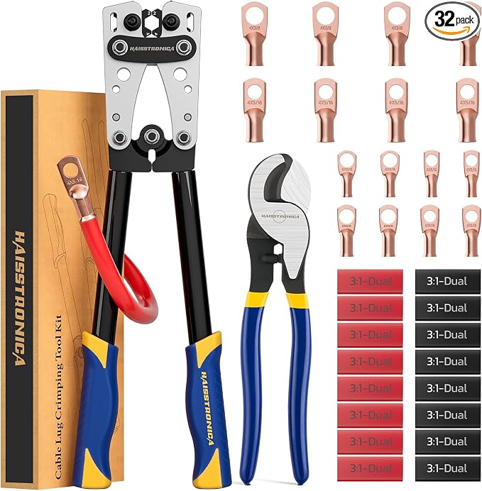 haisstronica Heavy Duty Battery Cable Crimping Tool Kit-Ratchet Hex Extended Handle Crimper for 8,6,4,2,1,1/0 AWG Copper Lugs with Cable Cutter, 32PCS Copper Lugs&Heat Shrink Tubing