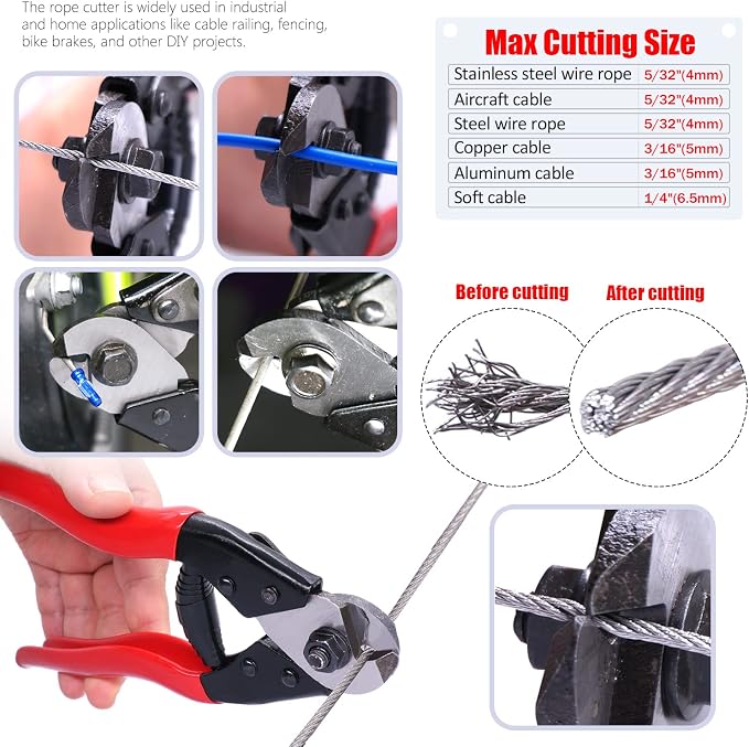 Twidec/222PCS 8 Sizes Aluminum Crimping Loop Sleeve M1.2-M6(3/64''-1/4'') And Wire Rope Crimping Tool Kit Up To 2.2mm Swaging Tool With 165FT 1/16'' 304 stainless steel Wire Rope
