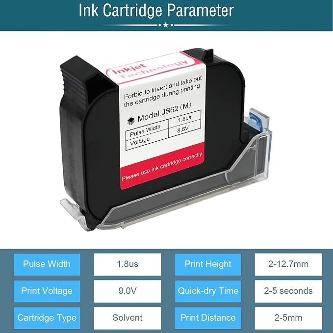Phezer Original 42ml Black Quick Dry Solvent Ink Cartridge Replacement JS62 for 0.5inch/12.7mm Handheld Inkjet Printers P15 / P16 / P18 and 0.5-inch Mini Inkjet Printer (JS62 Cartridge)