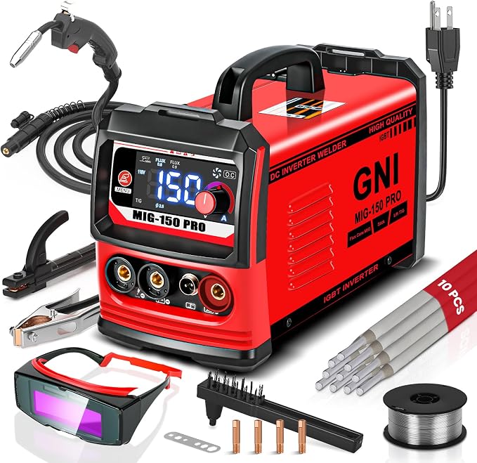GNI Multiprocess Portable MINI Welder, MIG/TIG/Stick 3 IN 1 Welding Machine | IGBT Inverter Beginner-Friendly MIG Welder Machine with Auto-Darkening Goggles, 150A Flux Core Welder for Home DIY