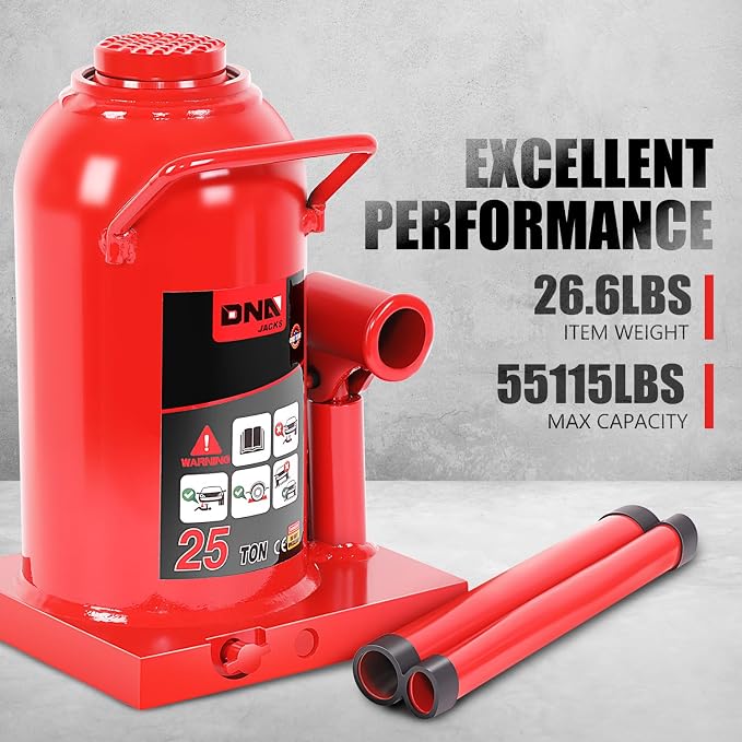 DNA Motoring 25 tons / 55115 lbs Lifting Automotive Welded Hydraulic Bottle Jack for Repair Vehicle, Pickup, Truck, w/Manual Handle, Red,TOOLS-00363