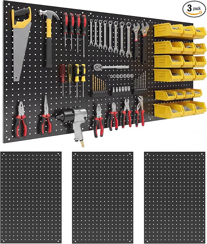 3 Pcs 24”×16”Metal Pegboard Panels, Heavy Duty Peg Boards with Hooks, Steel Organization Panels for Garden Tool Storage, Walls Home, Office, Black