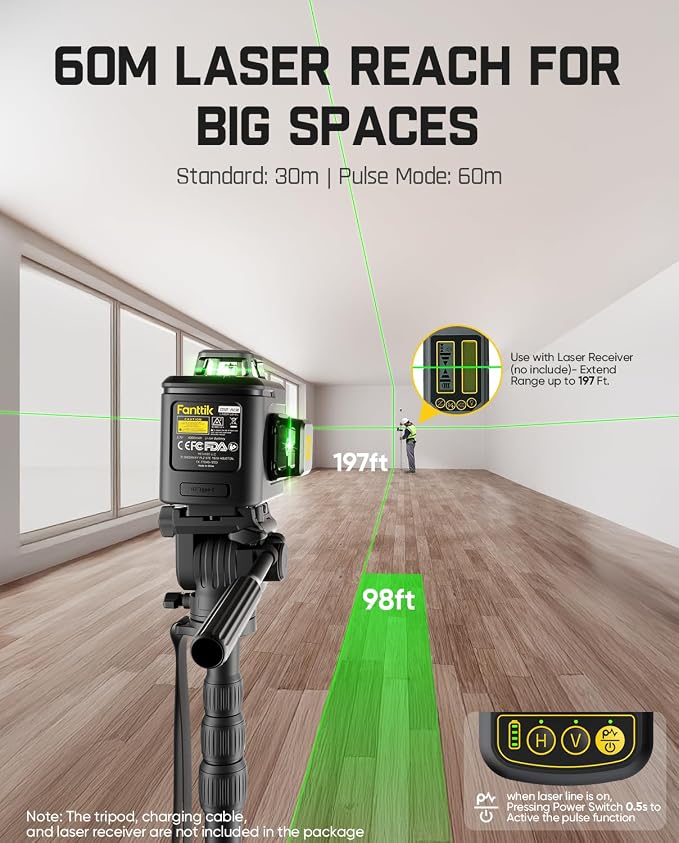 Fanttik D12 Ace Laser Level 360 Self Leveling, 3x360° Rechargeable 3D Green Cross Laser, Outdoor Pulse Mode, IP54 Durable, Easy to Use for Construction and Picture Hanging