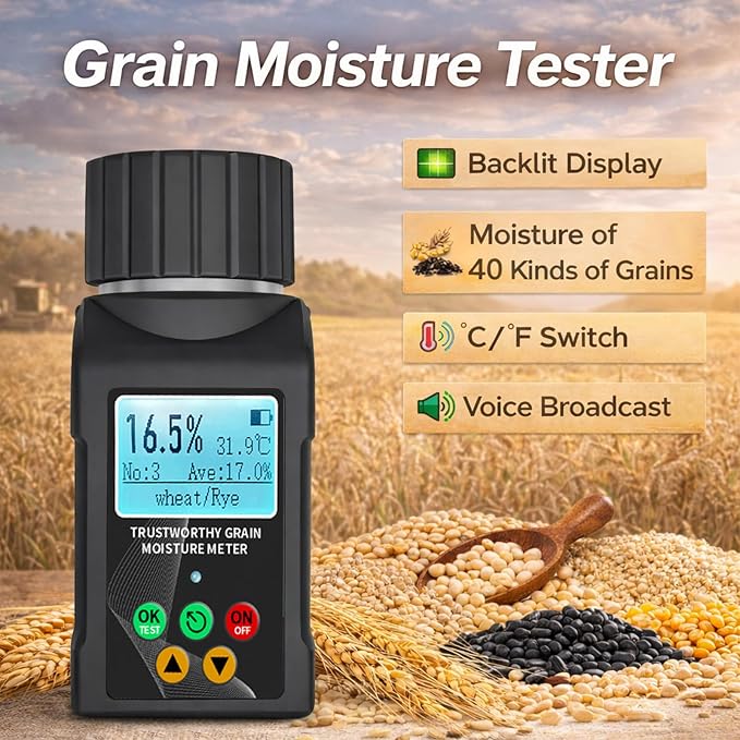 BTMETER Grain Moisture Tester, High Precision Digital Moisture Meter for 40+ Grains Including Wheat, Corn, Coffee Beans, Portable Cup-Type with Data Storage, for Farmers, Food Processors and Traders