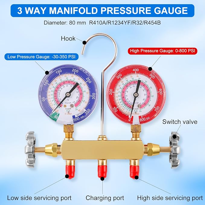 A2L Manifold Gauge Set, 3 Way AC Refrigerant Charging Hoses, R1234YF High and Low Quick Coupler with R1234YF Self-Sealing Can Tap, 5FT HVAC Manifold Gauge Hose Kit for R1234YF/R410A/R32/R454B/ system