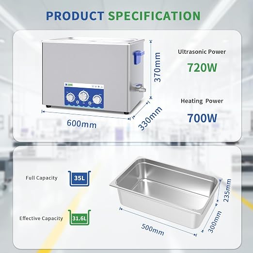 DK SONIC Industrial Ultrasonic Cleaner 37L 720W, Ultrasonic Carburetors Cleaner with Power Adjustable Function, Timer and Heater for Parts,Circuit Board,Chains Cleaning(Include Basket)