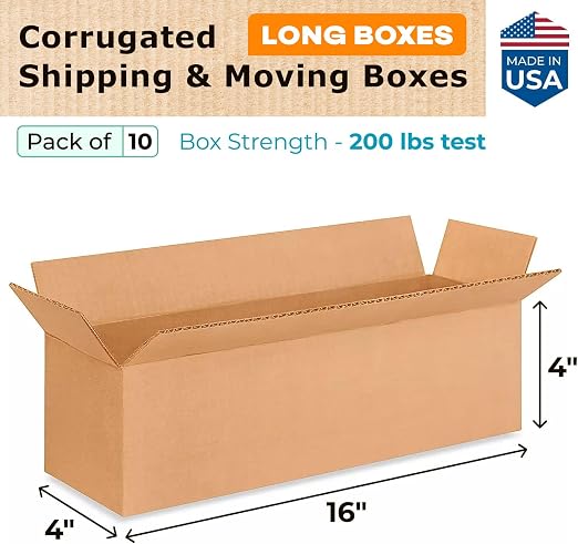 Long Moving & Shipping Boxes 16x4x4 inches (10-Pack) - Extra Strength 200 lb vs Regular - USA-Made Corrugated Moving Boxes for USPS/UPS&FEDEX - Box for Packaging Moving - Packing Box by IDL Packaging