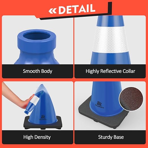 RoadHero 4 Pack Traffic Safety Cones 18 Inch with Black Weighted Base, Plastic PVC Blue Traffic Cone with Reflective Collar for Parking Lot, Construction Events, Road Safety