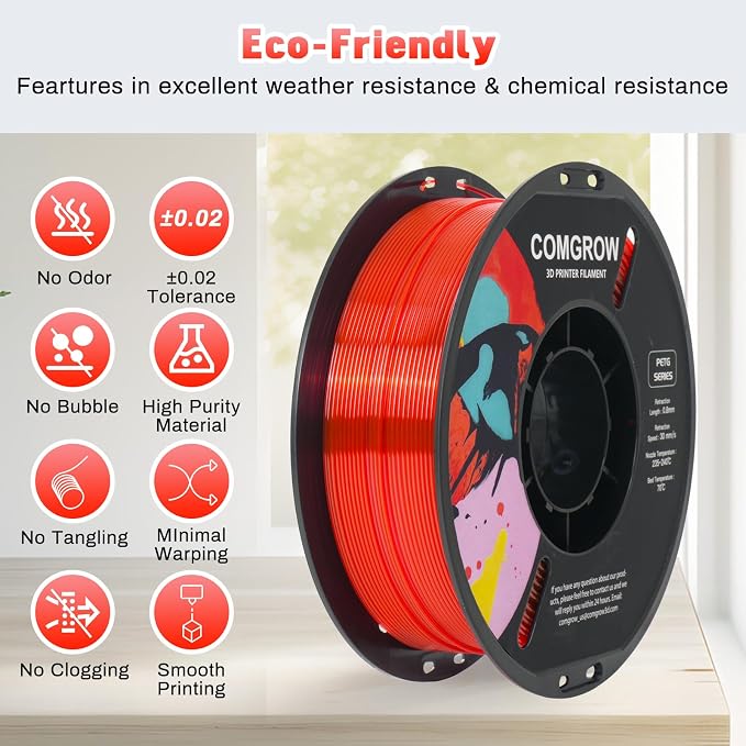 Comgrow PETG 3D Printer Filament 1.75mm, High Precision and Tough 3D Printer Filament 1kg (2.2LBS), Dimensional Accuracy +/- 0.02 mm, Fit Most 3D Printers Gradient Red White