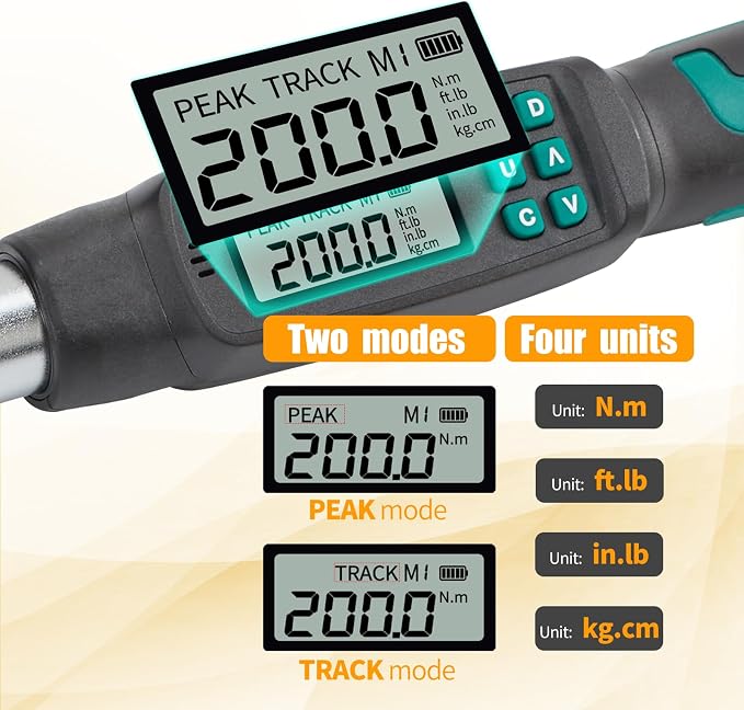 1/2" Digital Torque Wrench 4.4-147.5 ft-lb/6-200 Nm, ±2% Accuracy, LED & Buzzer Alerts, 4 Units, Industrial CR-V Steel, Calibration Report & Protective Case for Car, Motorcycle, Bike Repair