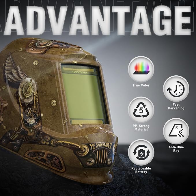 YESWELDER Large View Auto Darkening Welding Helmet, Blue Light Blocking, 1/1/1/1 True Color Solar Powered Welder Hood Mask with 4 Arc Sensors, Wide Shade 3/5-9/9-13 for TIG MIG ARC Cut and Grind