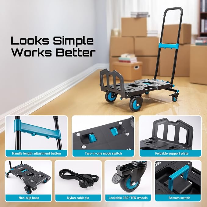 SEESII Foldable Dolly Cart with Wheels, 330 lbs Max Capacity Portable Hand Cart, 2-in-1 Heavy Duty Folding Hand Truck with Adjustable Retractable Handle for Moving, Delivery, Warehouse Use