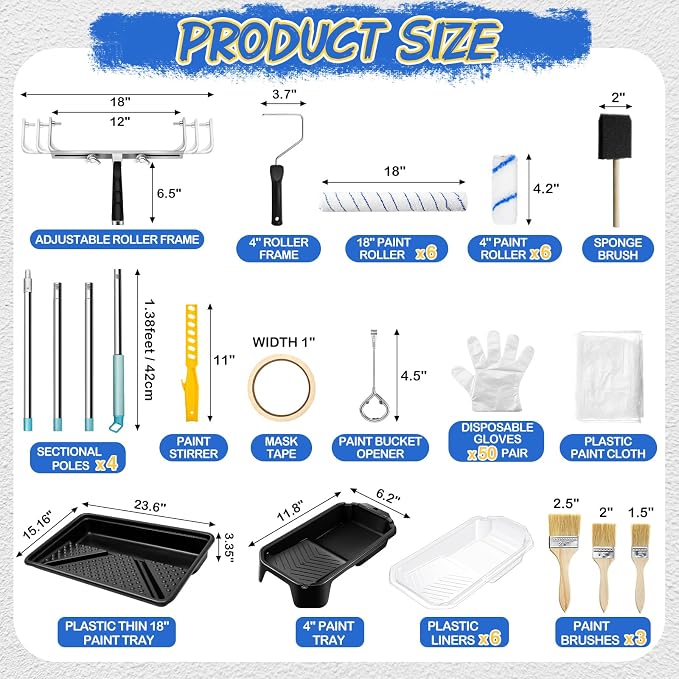 WILLBOND 35 Pcs Professional Paint Roller Kit Complete Solution with 18'' & Small Rollers, Steel Pole, Drop Cloth, and Full Accessories(4 Inch)