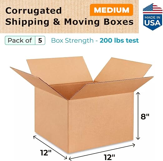 Medium Moving & Shipping Boxes 12 x 12 x 8 inches (5-Pack) - Extra Strength 200 lb vs Regular - USA-Made Corrugated Cardboard Boxes for USPS/UPS/FEDEX - Box for Shipping by IDL Packaging