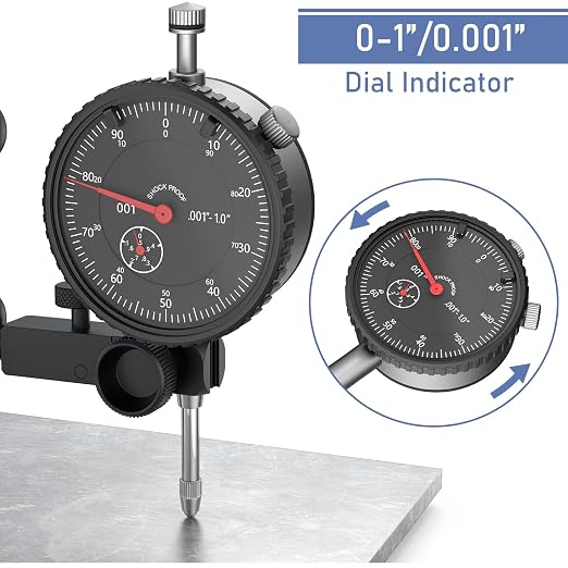 HDLNKAK Dial Indicator Gauge and Magnetic Base, 0-1"/0.001"Dial Indicator with 176lbs (80kg) Max Pull Magnetic Base, Measuring Tool for 3D Printer, Table Saw Measurement, Auto Repair and CNC Machine