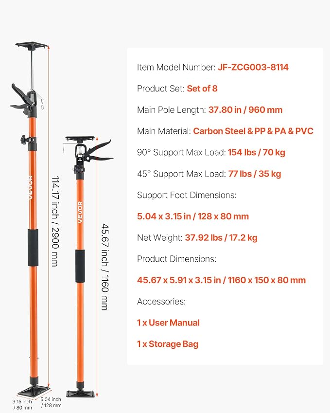 VEVOR Cabinet Jack Support Pole, 8-Pack, 45.7-114.2 Inch Steel Telescopic Quick Support Rod, Adjustable 3rd Hand System up to 154 lbs Capacity for Installing Cabinets, Lifting Drywall, Cargo Bars
