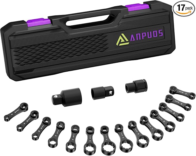 ANPUDS 17 Pcs Metric Torque Adapter Set, 8-22mm, 3/8" 12-Point Extension | 1/2''+1/4'' + Bit Adapter, Cr-Mo Steel, Torque Wrench Adapter, for Engine Bay, Brake, Suspension & Tight Access, Black