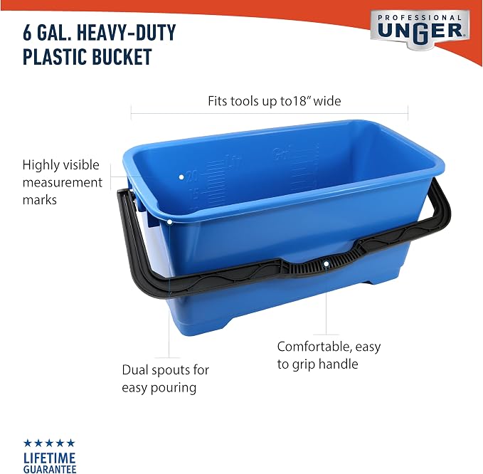 Unger Professional 6 Gallon Heavy Duty Bucket 5-Pack, Large Portable Cleaning Tool with 2 Pour Spouts, Comfort-Grip Handle, Essential Container for Floor, Window, and Household Use