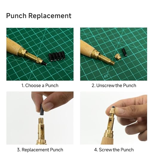 Kearing Screw Punch, Adjustable Leather Hole Punch with 6 Sizes (1.5mm,2.0mm,2.5mm,3.0mm,3.5mm,4.0mm) with Wood Handle for Paper, Leather
