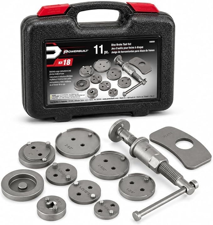 Powerbuilt Rear Disc Brake Adjust Tool Kit, Caliper Piston Adjustment, Vehicle Parking Brakes, T-Handle Center Screw, Adapters, Storage Case - 648601