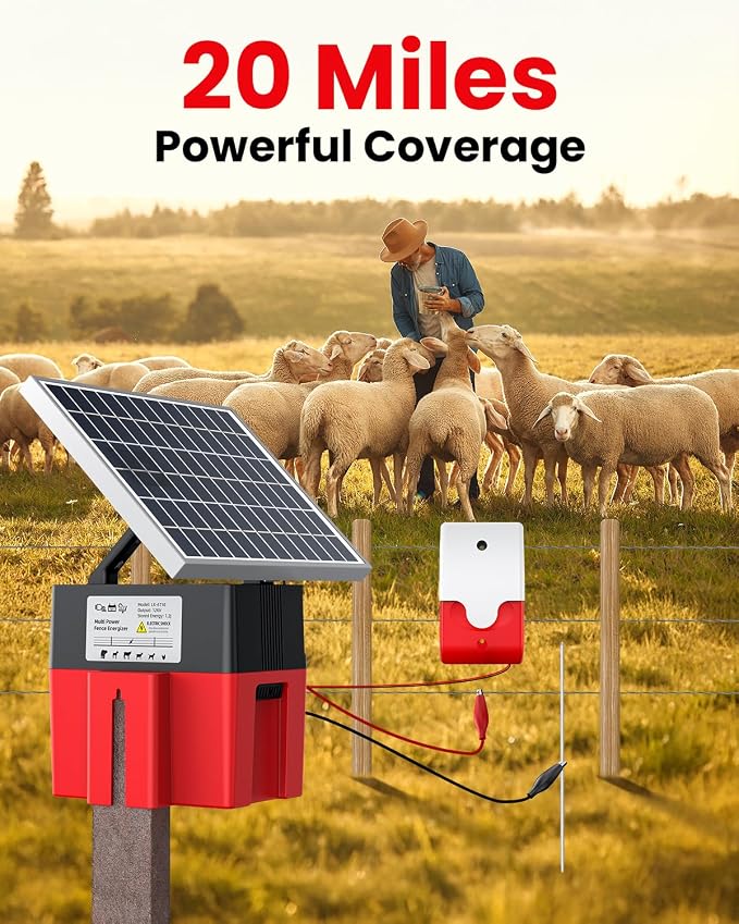 Solar-Powered Electric Fence Charger with Alarm,1.2 Joule Output, Up to 20 Miles Coverage,12000mAh Battery &10W Solar Panel Energizer for Livestock & Predator Deterrence