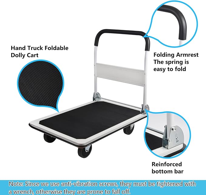 LEADALLWAY Platform Truck with 2 Ropes,Large Size,35.8x24x34.3 inches | 880lbs Heavy Duty, Foldable, Push Cart,White