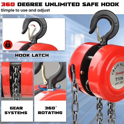 1 Ton Hand Chain Hoist, 2200 lbs Capacity 10 ft Lift – Manual Chain Block with Manganese Steel G80 Load Chain & 2 Heavy Duty Hooks, for Garage, Warehouse, Automotive