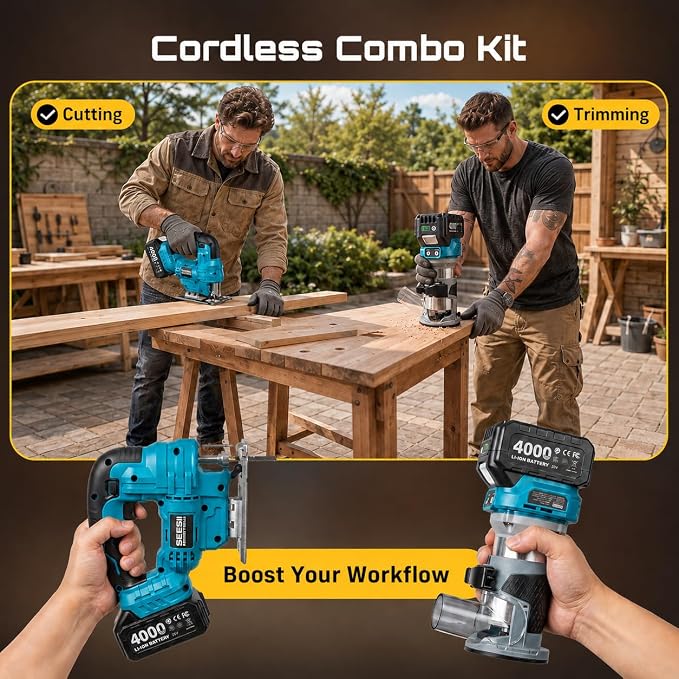 SEESII Cordless Jigsaw and Wood Router Tool for Combo Kit | with Batteries and Charger, Brushless, Aluminum Palm Router, 0-45° Bevel Jig Saw, Adjustable Speed for Cutting & Trimming