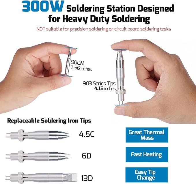 WEP 939D+IV 300W Heavy Duty Soldering Iron for Stained Glass, Larger Electronic Projects, PID Temp. Controlled LED Solder Station with 3 Quick Change Tips, Detachable Handpiece, 3 Pre-set Channels