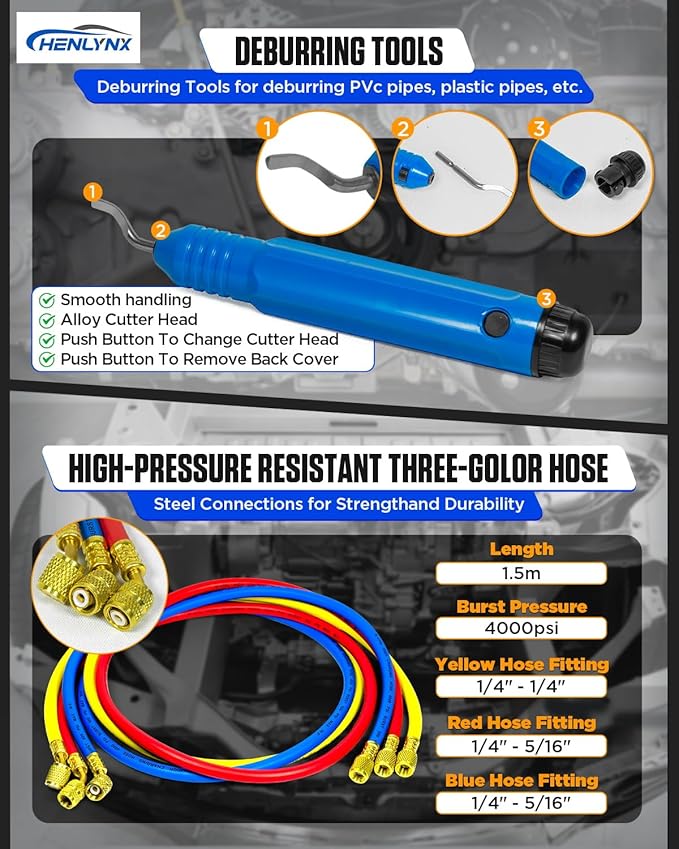 HVAC & Auto AC Manifold Gauge and Flaring Tool Kit - 3 Way Gauge Set for R22 R134A R410A R32 with Flaring Tool, Tube Cutter, Deburrer for Copper Aluminum Pipes, Car Air Conditioner Repair