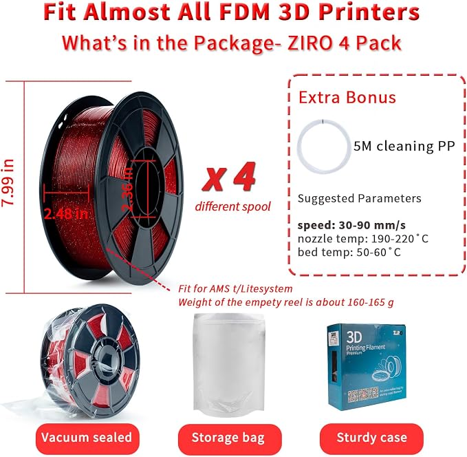 ZIRO 4 Packs Glitter 3D Printer Filament, Twinkle and Diamond Series Bundle, Sparkling Colorful 3D Material, Dimensional Accuracy +/-0.03mm, Fit Most FDM 3D Printer, 2.2lbs x 4 Spool