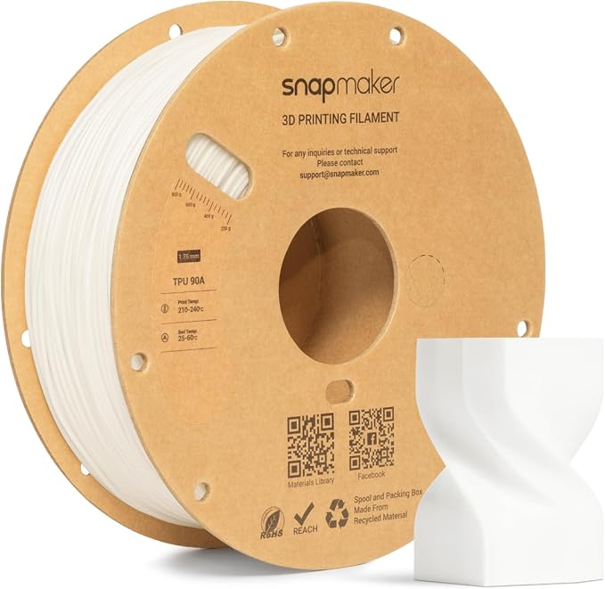 Snapmaker TPU Filament 1.75mm,Flexible TPU 90A 3D Printer Filament with High Elasticity,Dimensional Accuracy +/- 0.03mm,1kg(2.2lbs) (90A White)