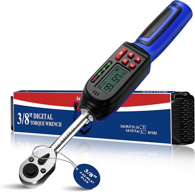 Digital Torque Wrench 3/8 Drive (5.02-99.57 Ft. Lb/ 6.8-135 N.m) ±2% Accuracy with Buzzer and LED Flash Notification 3/8 Digital Torque Wrench Four Units of Measure for Moto, Auto, Car