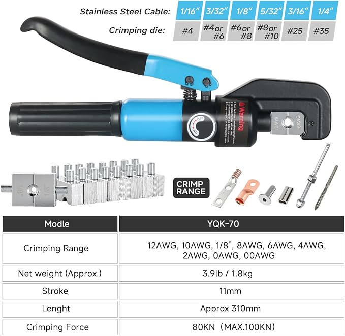 10 US Ton Hydraulic Crimper Tool Kit with Cable Cutter, 9 US Standard Chromed Hexagonal Dies 12, 10, 8, 6, 4, 2, 1/0, 2/0 AWG for Electrical Terminal Cable Lugs and 1/8” for Wire Rope Crimping