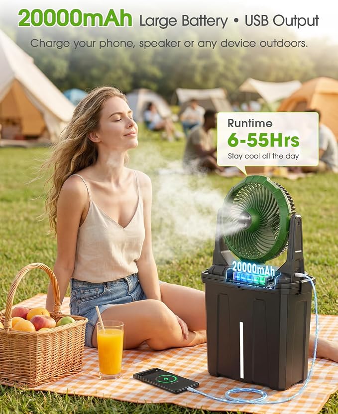 Ausic 2026 Upgraded 10″ 9L Oscillating Portable Misting Fan With Light, [Max 55Hrs] Golf Cart Mister Fan for Outside Patios, Outdoor Rechargeable Battery Operated Water Cool Fan-3 Spray Misters