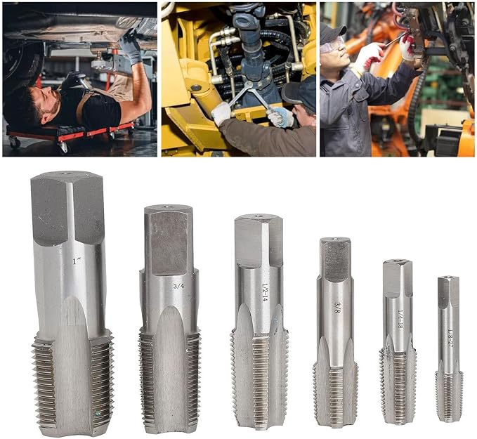 6Pcs Tap and Die Sets, 1 3/4 1/2 3/8 1/4 1/8 High Speed Steel NPT Pipe Tap Pipe Threader Drill Bits