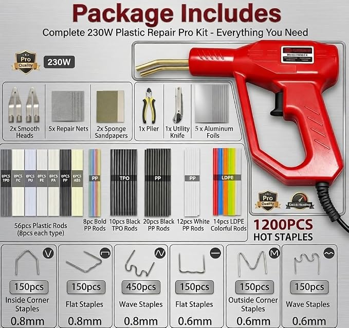 Upgraded 230W 2-in-1 Plastic Welder Kit,Hot Stapler Soldering Gun with 1200PCS Staples & 120PCS Welding Rods,Built-in Temperature Control Protector,With Better Hand Feel,Suitable for Most Plastics