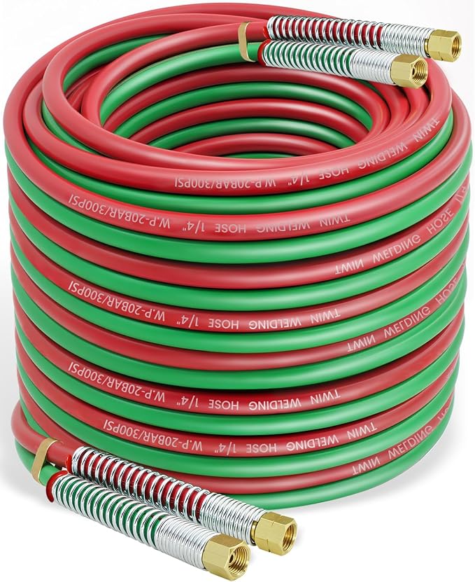 RX WELD 100 Feet 1/4" Oxy Acetylene Welding Hose with 9/16"-18 B Fittings | Grade R, Rubber, Twin-Line Torch Hose
