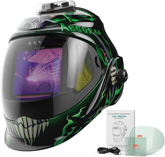 Panoramic View Auto Darkening Welding Helmet with Light, 1/1/1/1 True Color Solar Powered Welding Hood Mask, 4 Arc Sensor Wide Shade 4/5-9/9-13 for TIG, MIG, ARC, Cut, Grinding, AC-28800G-DT