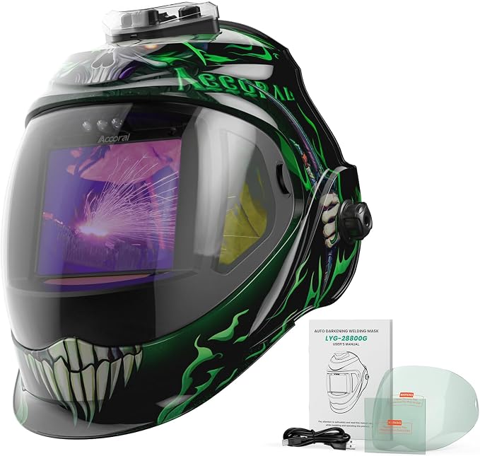 Panoramic View Auto Darkening Welding Helmet with Light, True Color Solar Powered Welding Hood, 4 Arc Sensor Wide Shade for TIG, MIG, ARC, Cut, Grinding & Welding Helmet Headgear Head Band