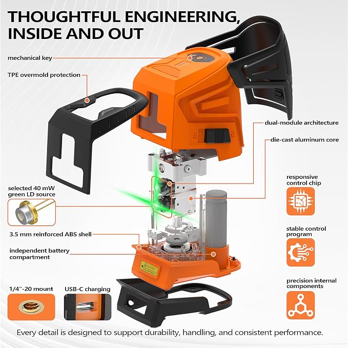 Lasers Level, 2-Line Green Self-Leveling Cross Line Laser, USB-C | Auto self-levels in 2 seconds with ±3mm accuracy at 10m. Manual mode supports angled layouts and custom projects