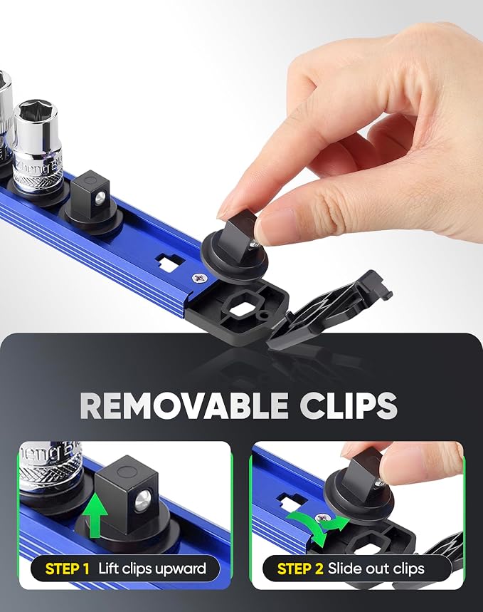 ALOANES Magnetic Socket Organizer Set, 3/8-Inch Drive Heavy Duty Aluminum Socket Rail Organizer, 360° Swivel Clips Socket Holder Kit for Toolbox Drawer Fit 3/8-Inch x 14 Clips (Blue, 1PC)