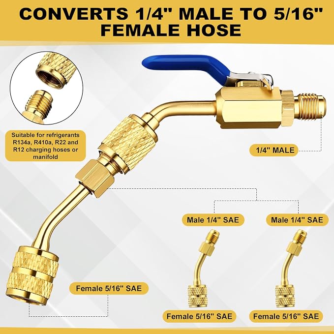 Tujoe R410a Valve Core Remover Tool HVAC Air Conditioning Refrigerant Angled Compact Ball Valve Compatible with Sae 1/4 and 5/16 Port R410 R32 Brass Adapter 20 Cores 10 Brass Nut 270 Sealing Washer