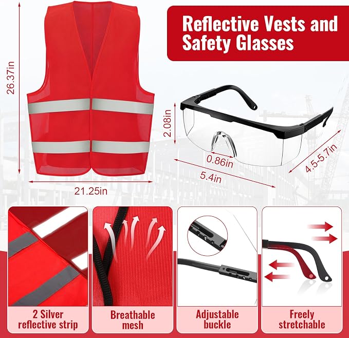 Mumufy 18 Pcs Suspension Hard Hats Safety Helmets Vented Cap Style Helmet with High Visibility Vest Mesh Reflective Anti Fog Safety Goggles Adjustable Temples for Construction Work (Red)