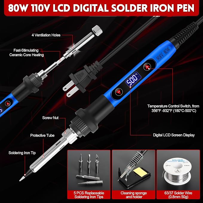 YOTINO Glass Cutters Tools,43PCS Stained Glass Tools with Glass Nippers Glass Running Pliers Breaking Pliers Oil Feed,80W Soldering Iron, Solder Wire