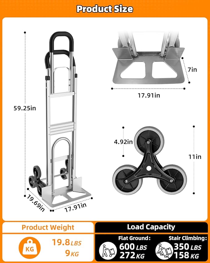 Aluminum 2 in 1 Hand Truck Dolly Cart with 6 Wheels, 600 Lbs Capacity, Heavy Duty Stair Climbing Dolly with Dual Handles, Bungee Cord & Strap for Flat Ground & Stairs, Warehouse, Home, Office, Silver